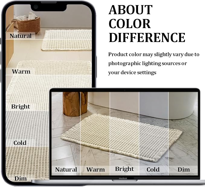 JIUZHEN Set of 2 Waffle Bath Mats Boho Bathroom Runner Rug 20"x32"+24"x48" | Ivory, Non Slip, Super Absorbent, Washable, Ultra Soft, Fast Drying Bath Rug and Bathroom Runner for Kitchen Hallway Laundry