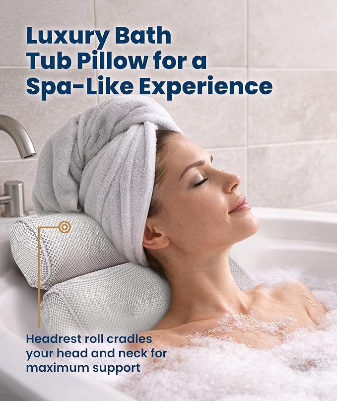 Everlasting Comfort Luxury Bath Pillow for Tub – Quick-Dry 4D Mesh – White | Head/Neck/Back Support, Non-Slip Suction Cups, Machine Washable, Drying Hook, Bath/Spa/Jacuzzi Essentials