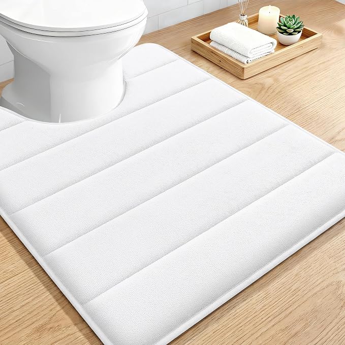 OLANLY Memory Foam Toilet Rugs U Shaped 24x20, Super Soft and Absorbent | White, Quick Dry Commode Contour Bath Rugs, Machine Washable Toilet Mat, Comfortable Bathmat Carpet for Bathroom Floor