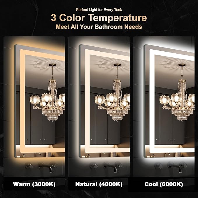 Delma 32x24 LED Bathroom Vanity Mirror with Lights, Anti-Fog, Dimmable | Front & Backlit with 3 Color Modes and Memory, 5mm Shatterproof Glass, Plug-in or Hardwired, Horizontal or Vertical
