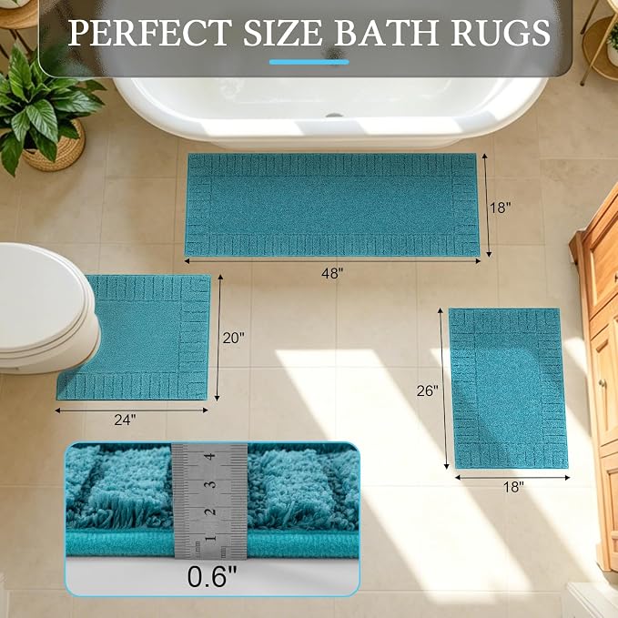 Pauwer Bathroom Rugs Sets 3 Piece, Microfiber Bath Mat Set, Aqua Blue | Non Slip Washable, Soft Plush, Extra Absorbent Bath Mats, U Shaped Contour Toilet Rug for Bathroom