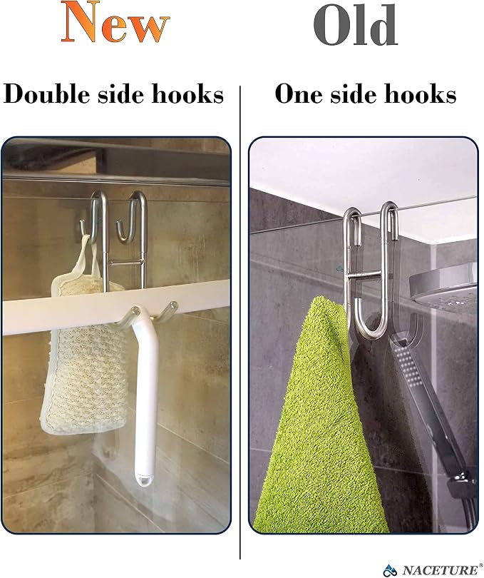 NACETURE Double Shower Door Hooks - Shower Hook Over The Door Towel Hook for Frameless Glass, Bathroom Hooks for Squeegee Rack, Robe, Organize (2 Pack)
