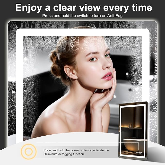 TRAHOME LED Bathroom Vanity Mirror with Lights, 32"x24" Lighted Wall Mirror | Front and Backlit, Anti Fog, Dimmable 3 Color Lighting, Memory Function, Shatterproof Glass, Plug in or Hardwired