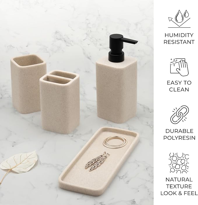 Bathroom Accessory Sets, 4 Pieces Bathroom Accessories Complete Set Vanity Countertop Accessory Set Marble Look, Includes Lotion Dispenser Soap Pump, Tumbler, Toothbrush Holder and Tray (Beige)