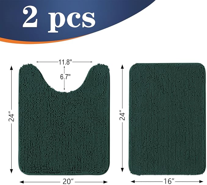 OLANLY Chenille Bathroom Rugs Sets 2 Piece, 24"x16"+24"x20", Blackish Green | Soft Absorbent Bath Mat and U-Shaped Contour Toilet Rug Set, Quick Dry, Machine Washable Bath Carpet, Home Decor Accessories