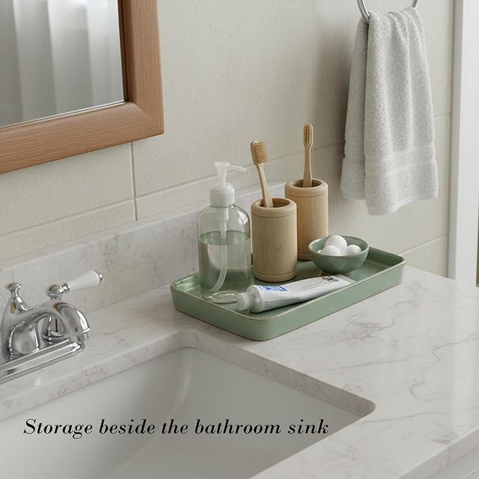10"×6"×1" Bathroom Vanity Tray for Countertop- Ceramic Decorative Organizer Tray for Dresser Tops, Toilet, Perfume, Sponge Holder Soap Dish Dispenser for Kitchen Counter- Kiln-Transformed Green