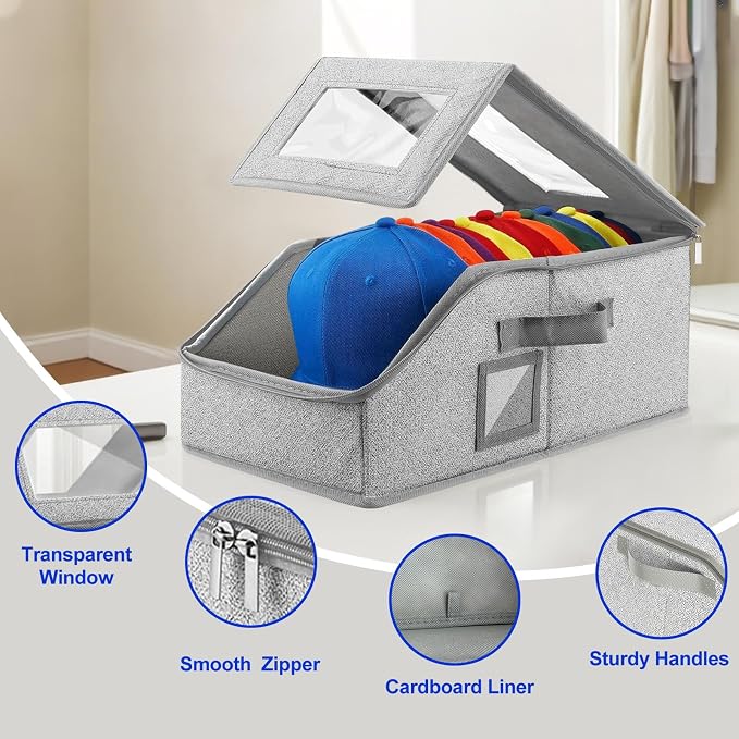Hat Organizer for Baseball Caps,2PCS Stackable Hat Storage Box with Clear Window Lid, Space-Saving Box for Closet