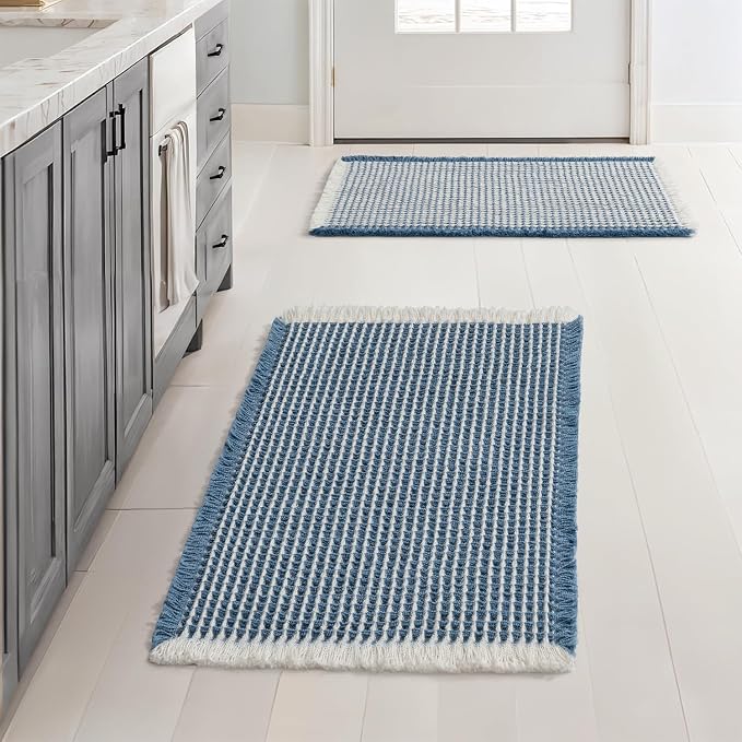 MIULEE Set of 2 Waffle Bathroom Rugs Boho Bath Mat Blue&Cream 17x24 Inch | Non Slip, Super Absorbent, Washable, Ultra Soft, Rubber Backed, Small Bath Rugs for Bathroom Floor Tub Shower