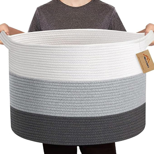 MEGASKET Extra Large Cotton Rope Basket, 22” X 22” X 14” Blanket Storage for Living Room, Soft Kids Dog Toy Bin Box, Woven Round Baskets for Organizing, Big XXL Blanket Pillow Holder Organizer