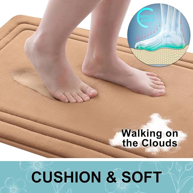Grandaily Memory Foam Bath Mat Rug 24x16, Ultra Soft, Non-Slip and Absorbent Bathroom Rugs, Machine Wash Dry, Comfortable Bath Carpet for Bathroom Floor, Tub and Shower, Dark Beige