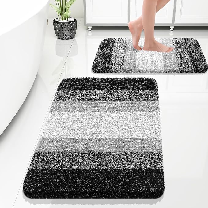 OLANLY Micorfiber Bathroom Rug Set 2 Piece, 30"x20"+24"x16" | Black, Soft Absorbent Bath Rug Set, Non-Slip, Machine Wash Dry, Plush Shaggy Bath Mats for Bathroom