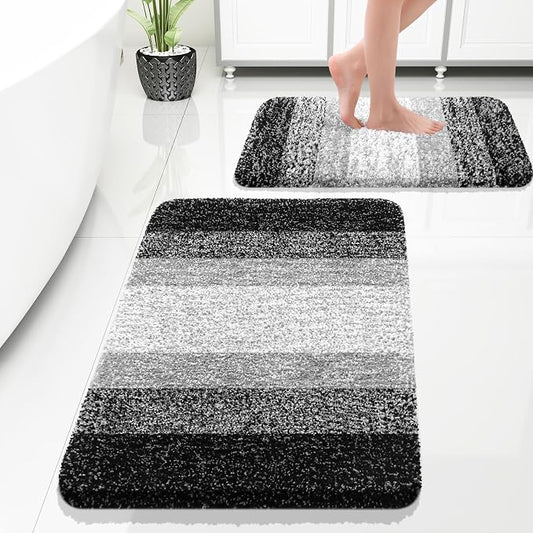 OLANLY Micorfiber Bathroom Rug Set 2 Piece, 30"x20"+24"x16" | Black, Soft Absorbent Bath Rug Set, Non-Slip, Machine Wash Dry, Plush Shaggy Bath Mats for Bathroom