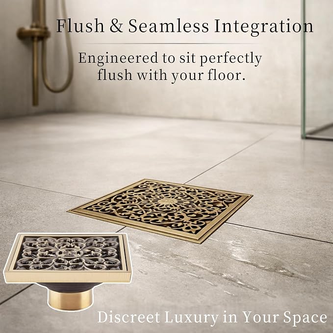 AUNMAS 4 Inch Brass Bathroom Floor Drain with Removable Cover, Art Carved Flower Pattern Shower Sink Drain Strainer for Hotel Home (1#)