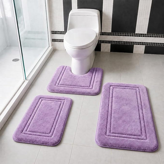 3 Piece Bath Rug Set Memory Foam Non-Slip, Bordered Toilet Rug, Lavender | Spa & Relaxing Decor — Soft Lavender bath mats, absorbent and washable, with a U-shaped toilet mat.