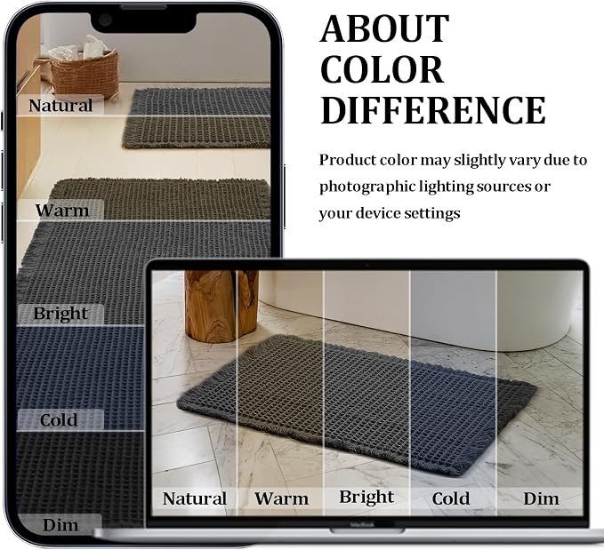 JIUZHEN Set of 2 Waffle Bath Mats Boho Bathroom Runner Rug 20"x32"+24"x48" | Black, Non Slip, Super Absorbent, Washable, Ultra Soft, Fast Drying Bath Rug and Bathroom Runner for Kitchen Hallway Laundry