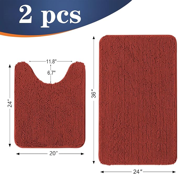 OLANLY Chenille Bathroom Rugs Mats Sets 2 Piece, 36"x24"+24"x20", Red | Soft Absorbent Bath Mat and U-Shaped Contour Toilet Rug Set, Quick Dry, Machine Washable Bath Carpet, Home Decor Accessories