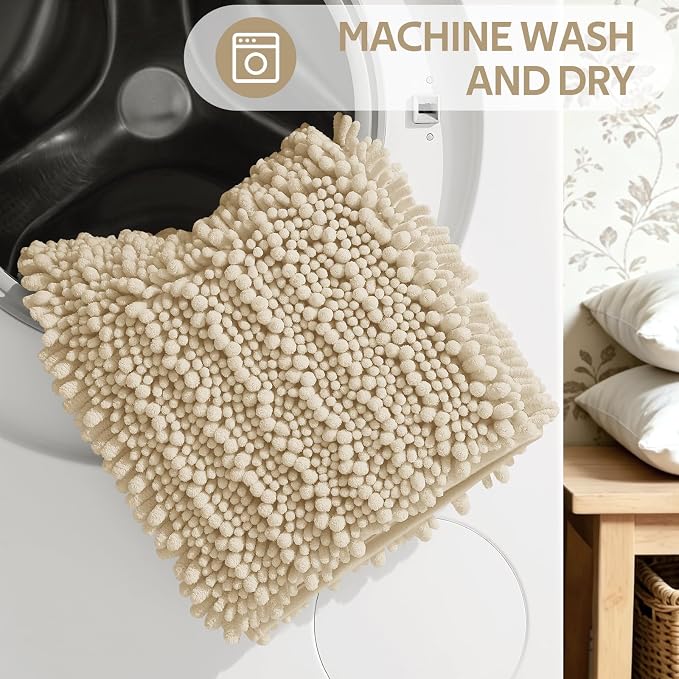 ACCUMTEK Upgrade Luxury 2 Piece Beige Toilet Bathroom Rug Mat 48"x20"+24"x17", Ultra Soft Thick Absorbent Bath Mats, Non Slip Chenille Toilet Mat for Bathroom, Bedroom, Kitchen, Shower, Tub