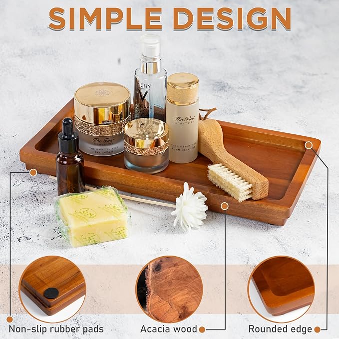 Demigo Bathroom Vanity Tray, Natural Acacia Organizer Tray, 11.8 x 5.9 in | Wooden Countertop Holder for Cosmetics Jewelry Candle & Keys, Decorative Tray for Toilet Tank, Kitchen & Sink Decor