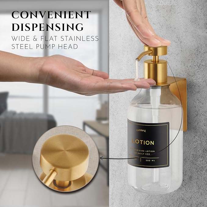 Shower Shampoo Dispenser Wall Mounted – 3 Refillable 16.9 oz Clear Bottles with Stainless Steel Pumps & No-Drill Adhesive Holders – Soap Dispenser Set for Bathroom (3 X Clear/Gold)