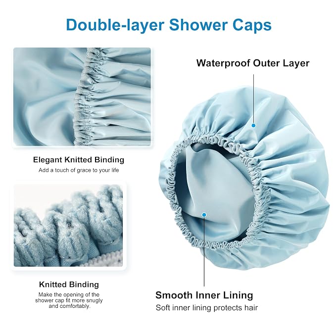 Shower Cap for Women, Large Waterproof Shower Bonnet | Double Layer, Reusable Hair Protector, Washable Large Bath Cap, Wide Elastic Band, for Long Hair, Braids - Blue