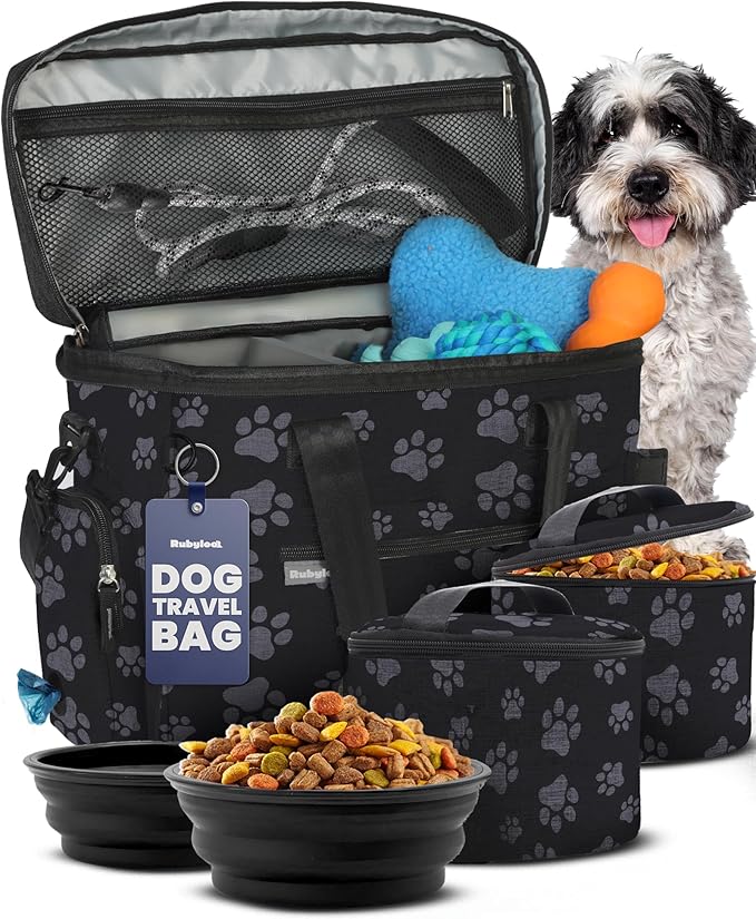 Original Doggy Bag™ Dog Travel Bag for Supplies with Travel Bowls | 2 BPA-Free Collapsible Bowls, 2 Pet Food Containers, TSA-Ready, Road Trips, Camping, Weekend Getaways, Doggy Gift, Paw Print
