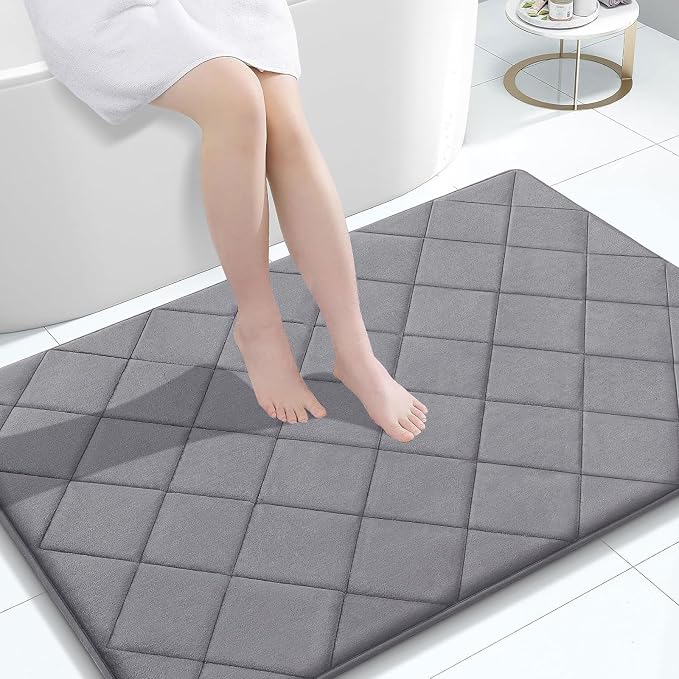 OLANLY Memory Foam Bath Mat 47x32, Ultra Soft and Absorbent Bathroom Rugs | Medium Grey, Quick Dry, Machine Washable Shower Bath Rugs, Comfortable Bath Carpet for Bathroom Floor, Tub and Shower