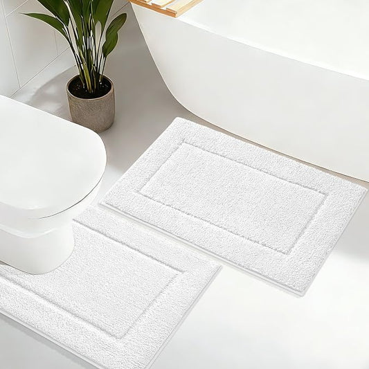 IM HOME Bathroom Rugs Sets 2 Pieces, Ultra Soft Thick Plush Fluffy Microfiber Absorbent Bath Mat, Non-Slip Backing, Machine Washable Bath Mats for Bathroom (24"x17" + U Shape 24"x20", Cream White)