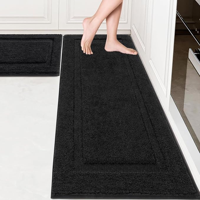 SHACOS Soft Microfiber Bathroom Rugs Set of 2 Pieces, Black | 47x20 + 32x20, Absorbent Plush Bath Rugs, Non Slip Washable Shaggy Bath Mats, Fluffy Bathroom Runner Floor Mats Shower Rug