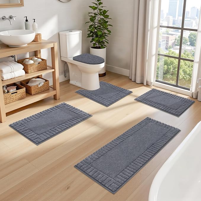 Pauwer Bathroom Rugs Set 5 Piece, Microfiber Bath Mat Set, Dark Grey | Non Slip Washable Bath Mat with U Shaped Toilet Rug, Plush Absorbent Shower Rug, Toilet Lid Cover, Quick Dry Floor Carpet