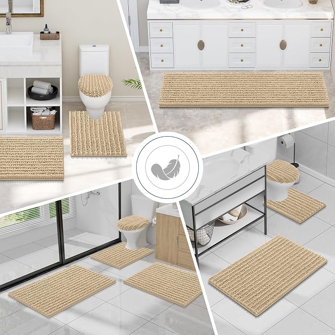 Smiry Bathroom Toilet Rugs U Shaped 20X20, Chenille Bath mats for Toilet | Beige Extra Soft Absorbent Non Slip Rubber Backing Contour Bath Rugs for Toilet, Machine Washable Contoured Bath Mats