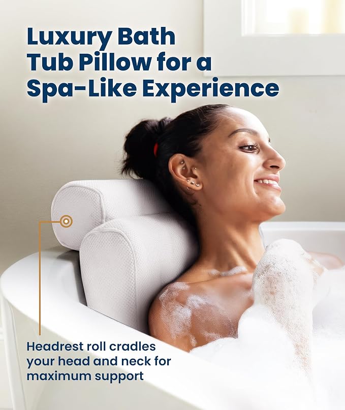Everlasting Comfort Luxury Bath Pillow for Tub – Quick-Dry 4D Mesh – White | Head/Neck/Back Support, Non-Slip Suction Cups, Machine Washable, Drying Hook, Bath/Spa/Jacuzzi Essentials