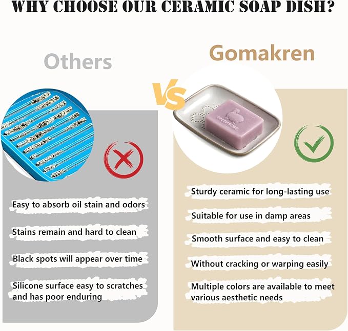 Gomakren Ceramic Soap Dish Bar Soap Holder for Bathroom Kitchen Sink Beige | Keeps soap dry & long-lasting, raised scalloped design, non-slip base, easy to clean, versatile tray counter storage & decor
