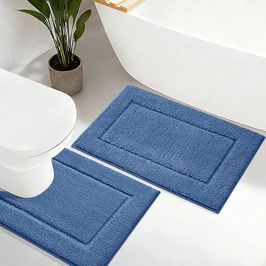 Bathroom Rugs Sets 2 Pieces, Ultra Soft Thick Plush Fluffy Microfiber Absorbent Bath Mat, Non-Slip Backing, Machine Washable Bath Mats for Bathroom, Tub and Shower (24"x17" + U Shape 24"x20", Blue)