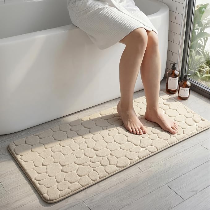 YIHOUSE Memory Foam Runner Rug, Cobblestone Bathroom Runner Rugs Super Water Absorbent Bath Mats for Bathroom Machine Washable Bath Rugs for Hallway Bedroom Laundry Room(20 x 47,Khaki)