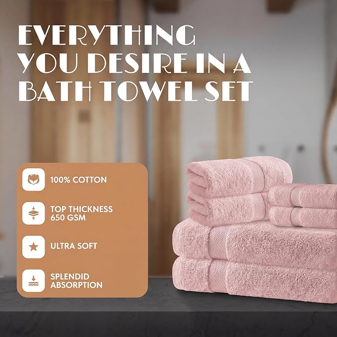 White Classic Pink Bath Towel Set of 6-100% Cotton Highly Absorbent Towels for Bathroom, 2 Luxury Bath Towels 650GSM, 2 Hand Towels, 2 Washcloths