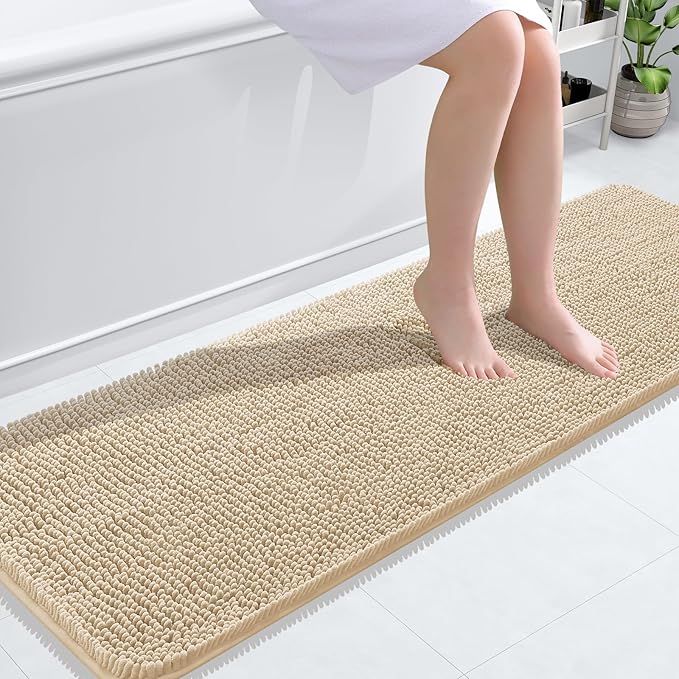 OLANLY Bathroom Runner Rugs 59x20, Extra Soft Absorbent Chenille Bath Rugs | Beige, Quick-Drying Rubber Backing, Machine Washable Long Bath Mat for Bathroom Floor, Tub and Shower, Home Decor Accessories