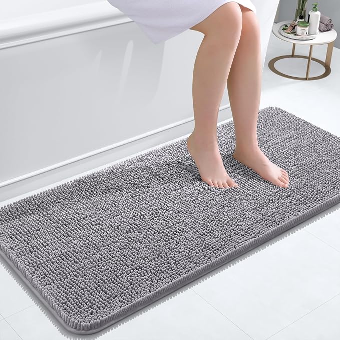 OLANLY Bathroom Runner Rugs 47x20, Extra Soft Absorbent Chenille Bath Rugs | Grey, Quick-Drying Rubber Backing, Machine Washable Long Bath Mat for Bathroom Floor, Tub and Shower, Home Decor Accessories