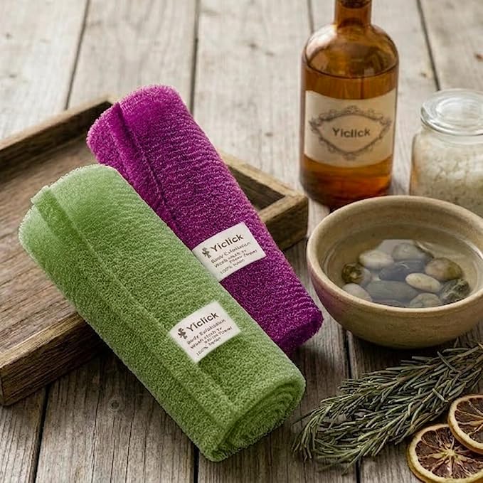 2PCS Exfoliating Washcloth Towel - Exfoliating Body Scrubber Exfoliator, Loofah Sponge Wash Cloth, Korean & Japanse & African Net Sponge Rag - Back Scrubber Washer (Olive Green+Deep Purple)