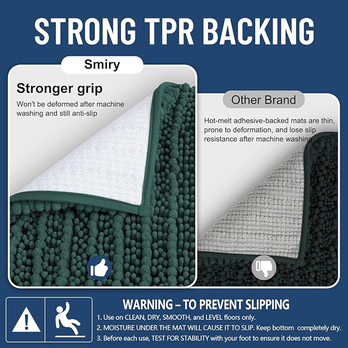 Smiry Bathroom Rugs 44X24, Extra Soft Rubber Backing Chenille Bath Mats | Green Machine Washable Non Slip Quick Dry Bath Mats for Bathroom Floor, Tub, Shower, Home Decor Accessories