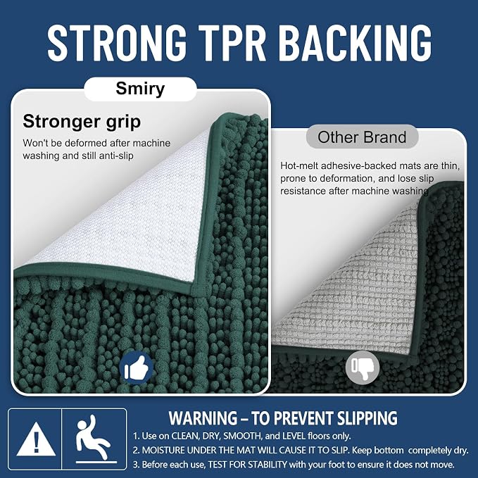 Smiry Bathroom Rugs 47X20, Extra Soft Rubber Backing Chenille Bath Mats | Green Machine Washable Non Slip Quick Dry Bath Mats for Bathroom Floor, Tub, Shower, Home Decor Accessories