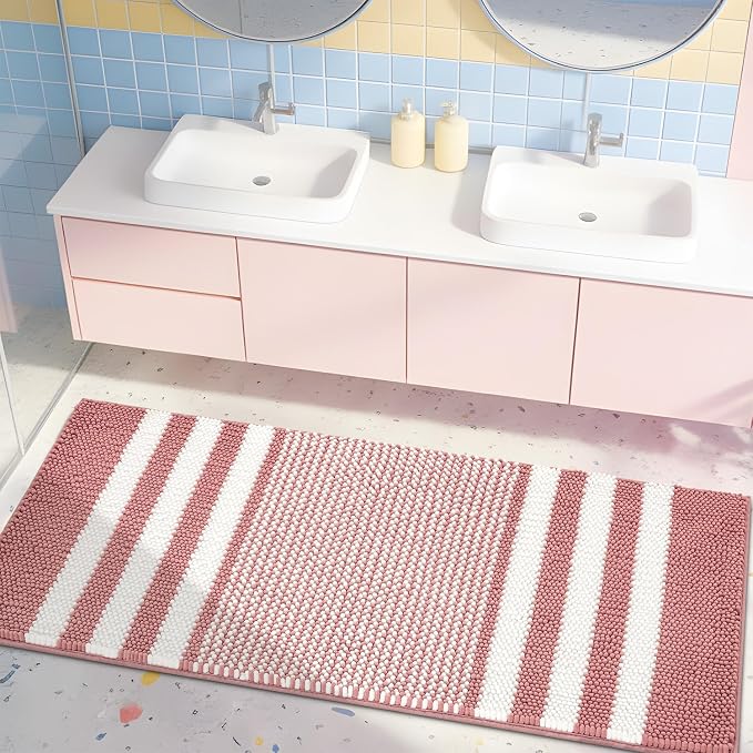Large Bathroom Rugs Runner, 20x47 Chenille Bath Mats, Dusty Pink | Extra Soft Absorbent, Non Slip Striped, Quick Dry Machine Washable, Modern, Shower Rug for Bathroom Bedroom Decor