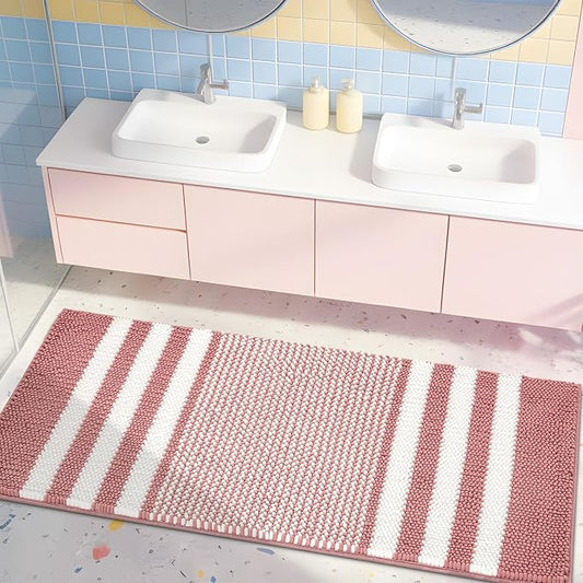 Large Bathroom Rugs Runner, 20x47 Chenille Bath Mats, Dusty Pink | Extra Soft Absorbent, Non Slip Striped, Quick Dry Machine Washable, Modern, Shower Rug for Bathroom Bedroom Decor