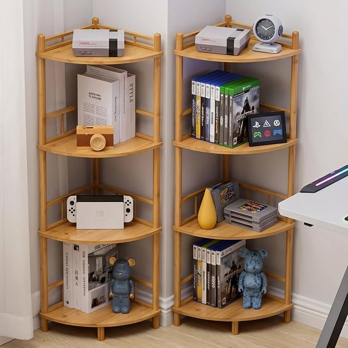 4-Tier Expandable Bamboo Corner Shelf Stand,Corner Bookshelf, Display Storage Shelves with Open Shelves, for Organization and Storage, Living Room, Home Office, Garage (Natural, 4-Tier WithRail)