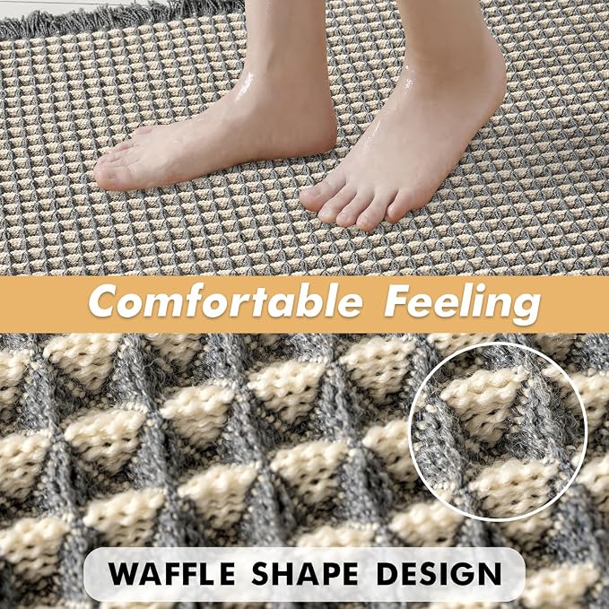 MIULEE Set of 2 Waffle Bathroom Rugs Dark Grey&Yellow 17"x24"+20"x32" | Non Slip, Super Absorbent, Washable, Ultra Soft, Rubber Backed Bath Rugs for Bathroom Floor Tub Shower, Boho Decor