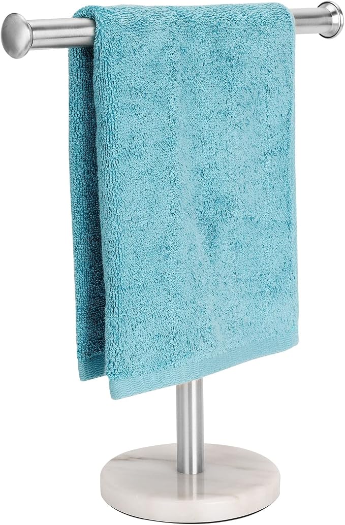 Hand Towel Holder Stand, Natural Marble Base T-Shape Fingertip Towel Rack, Rust-Proof (Brushed Nickel)