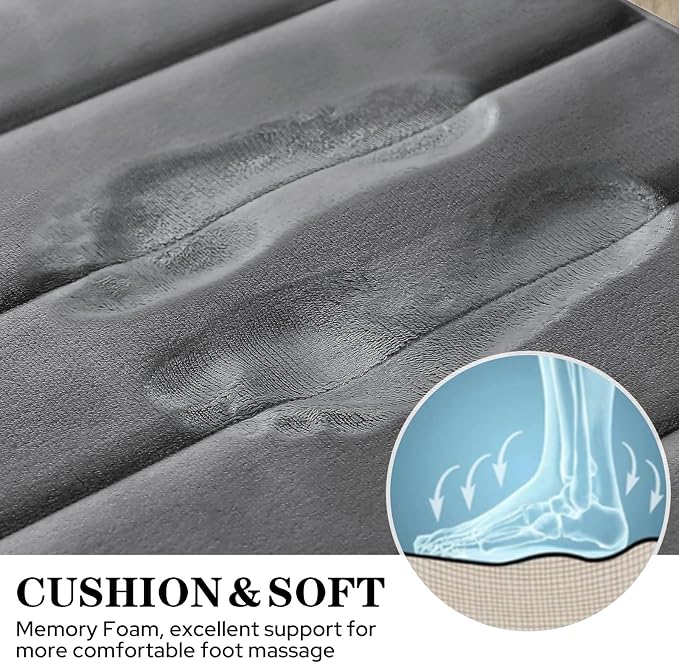 BYSURE Dark Grey Memory Foam Bath Mats Extra Long | Non Slip Extra Soft Absorbent Machine WashableToilet Bathroom Rug Set 3 Piece 20"x32"+24"x44"+U Shape 20"x24"