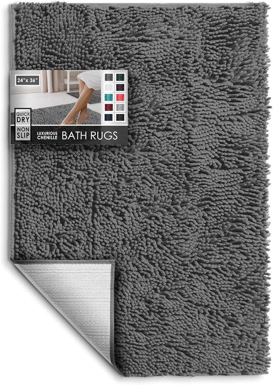 Hearth & Harbor Bathroom Rugs, Chenille Bath Mat - Machine Washable Bath Mats for Bathroom Non-Slip Backing Rubber, Quick Dry Bathroom Mat - Grey 24x36