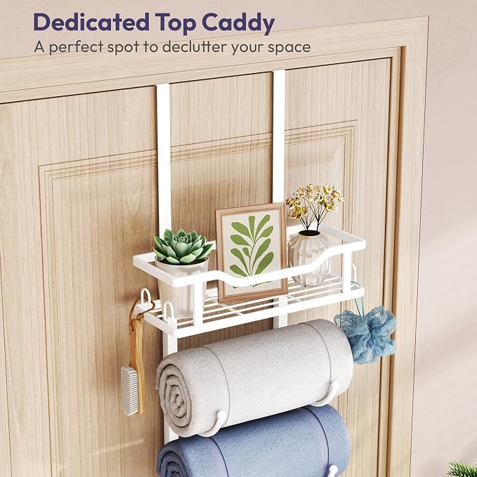 SWTYMIKI Over the Door Towel Rack - 6 Tier Towel Racks for Bathroom Wall Mounted, Towel Holder with Shelf, Hanging Rolled Towel Storage Organizer for Small Bathroom, Camper, RV, White