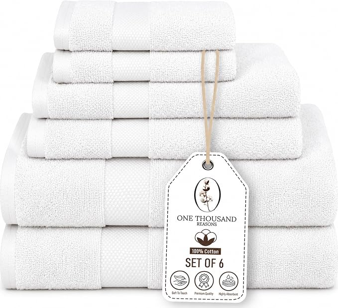 Premium Staple Cotton Bathroom Towel Set - White 600 GSM 6-Piece Luxury Bath Towel Set 1 Stripe - 2 Bath Towels, 2 Hand Towels & 2 Washclothes Set - High Absorbent & Quick Dry for Gym, Spa, Hotel
