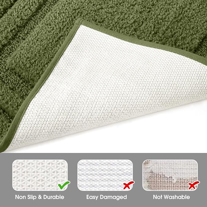 HOMEIDEAS Olive Green Bathroom Rugs Set of 3, Non Slip Bath Mats | Super Absorbent, Plush Microfiber, Machine Washable, Stain Resistant, Easy Care, Perfect for Modern Bathroom Decor